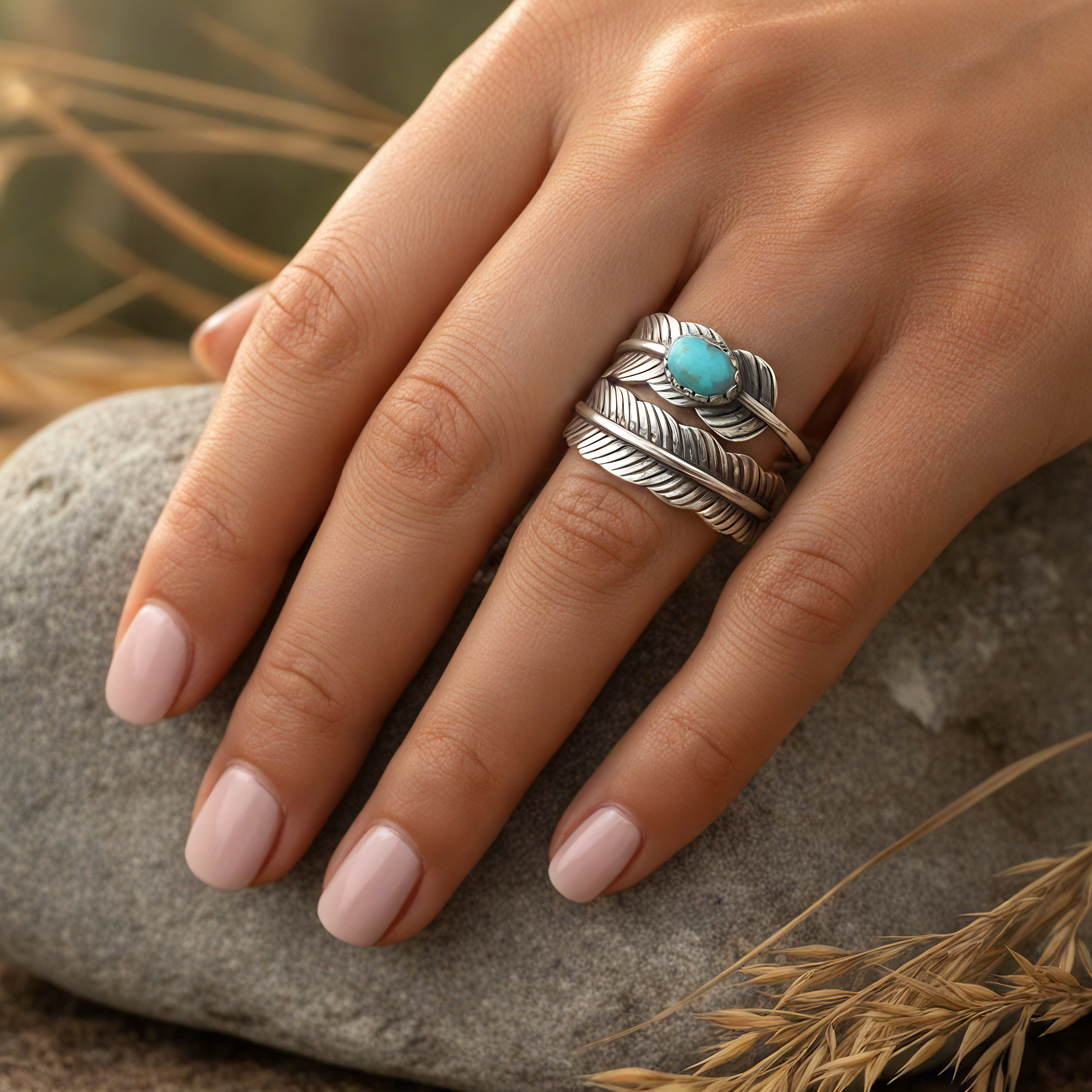 Blue Howlite & Silver Feather Ring
